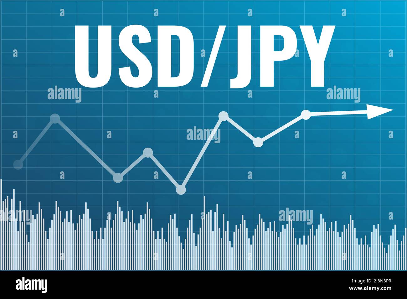 Graph currency pair USD, JPY on blue finance background from columns, arrow, grid. Financial market concept Stock Vector
