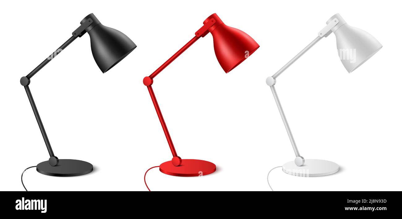 Table lamp vector set, in black, red, and white colors. Realistic desk light shade isolated. Stock Vector