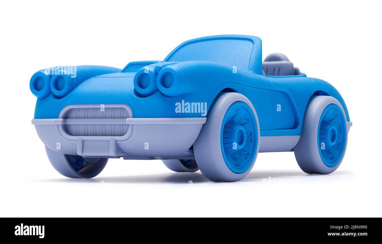 Blue Plastic Toy Car Cut Out on White. Stock Photo