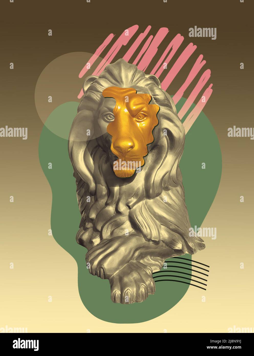 Collage with lion in a pop art style. Modern creative concept image with ancient statue. Zine culture. Contemporary art poster. Funky minimalism. Retro design. Stock Photo