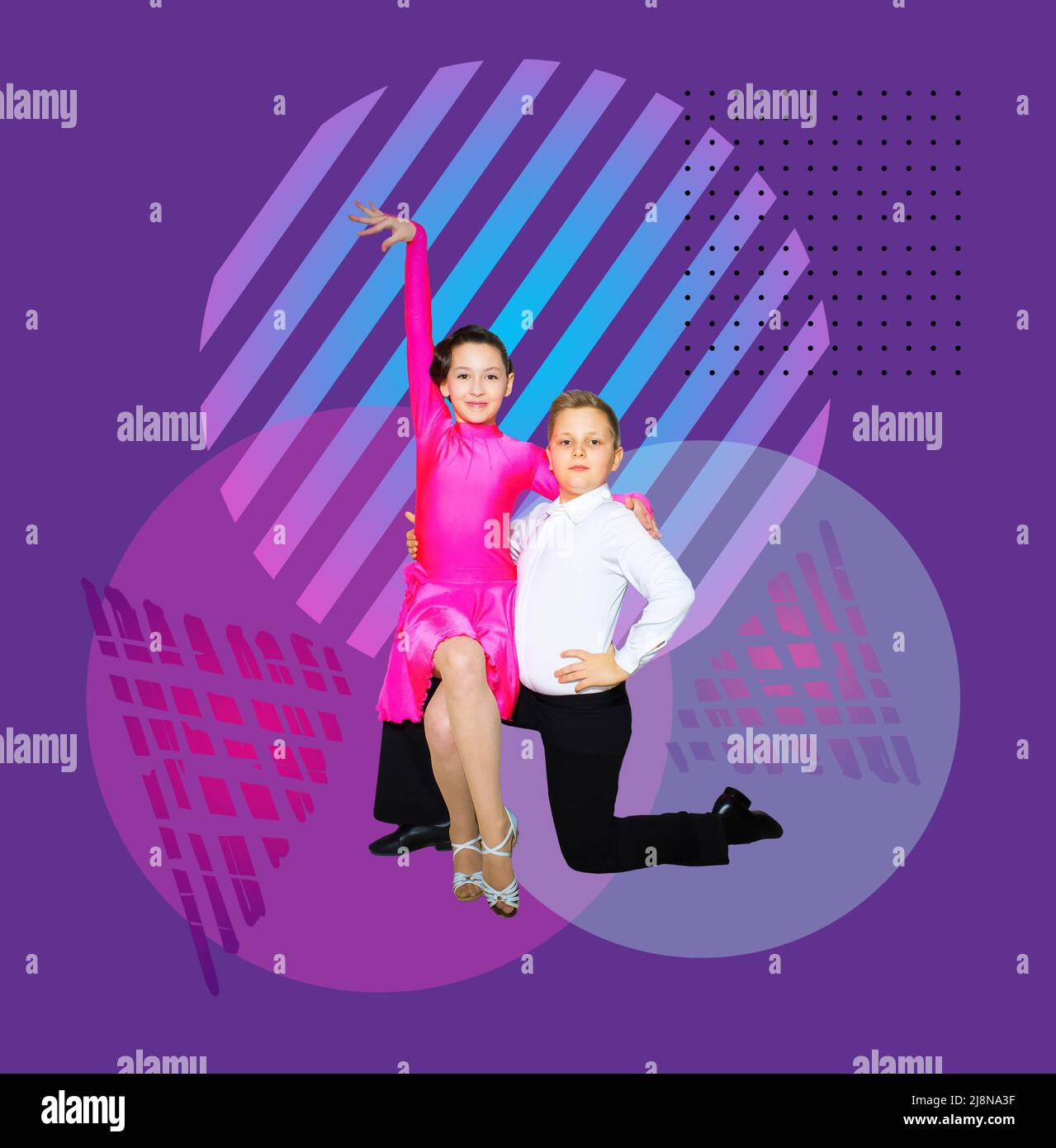 The young boy and girl posing at dance studio on abstract art design. The ballroom dancing concept Stock Photo