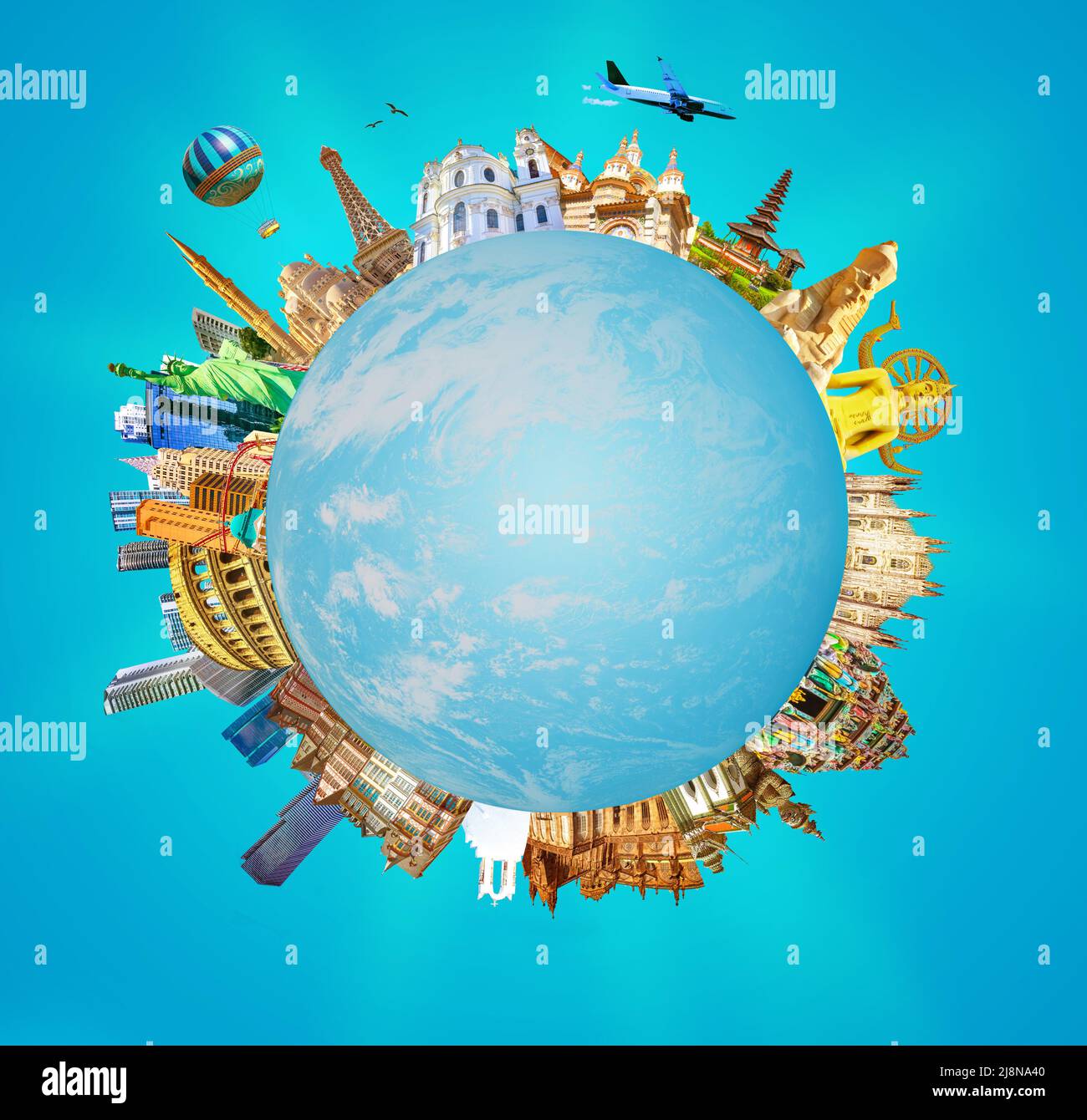 World religious and architecture monuments - collage or globe from different religions. Conceptual image of world ocean as a planet in space. Environmental protection concept. Underwater world. Stock Photo
