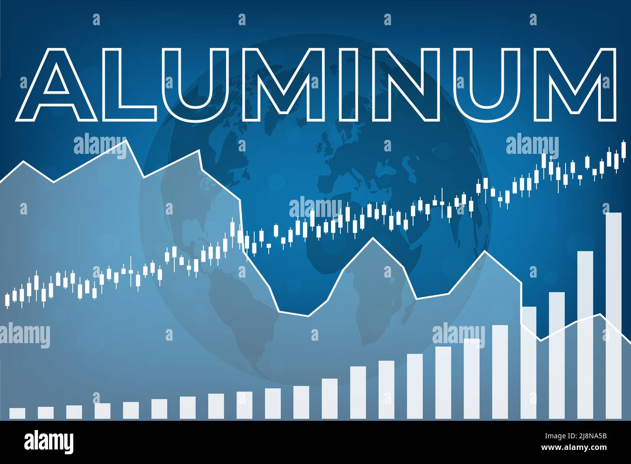 Aluminum price stock market graph on blue finance background with candlesticks, line, columns Stock Vector