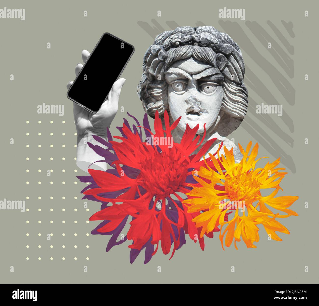 Fashion collage in magazine and pop art style. Statue holding modern blank frameless screen smartphone in a palm. Stock Photo