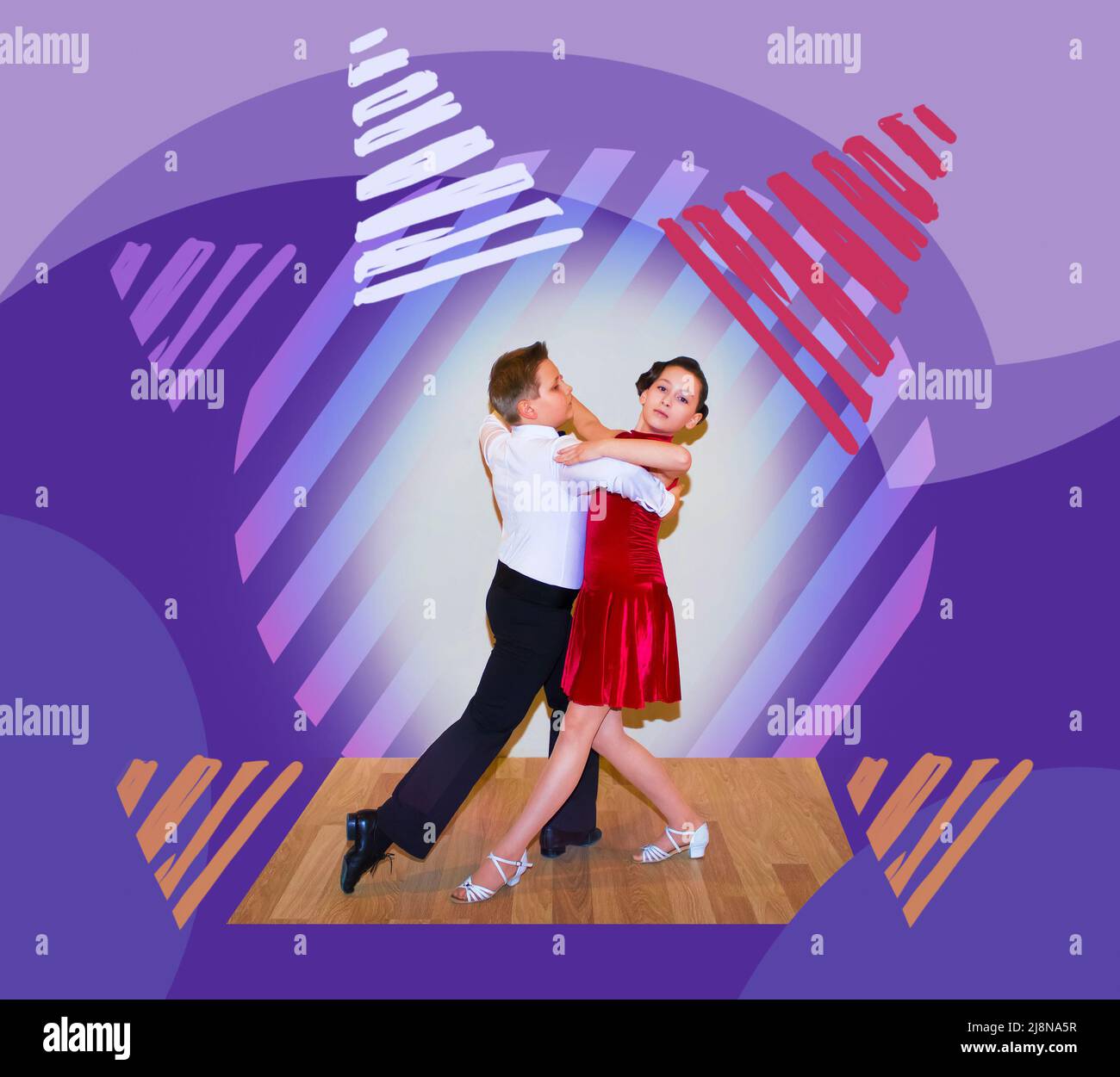 The young boy and girl posing at dance studio on abstract art design. The ballroom dancing concept Stock Photo