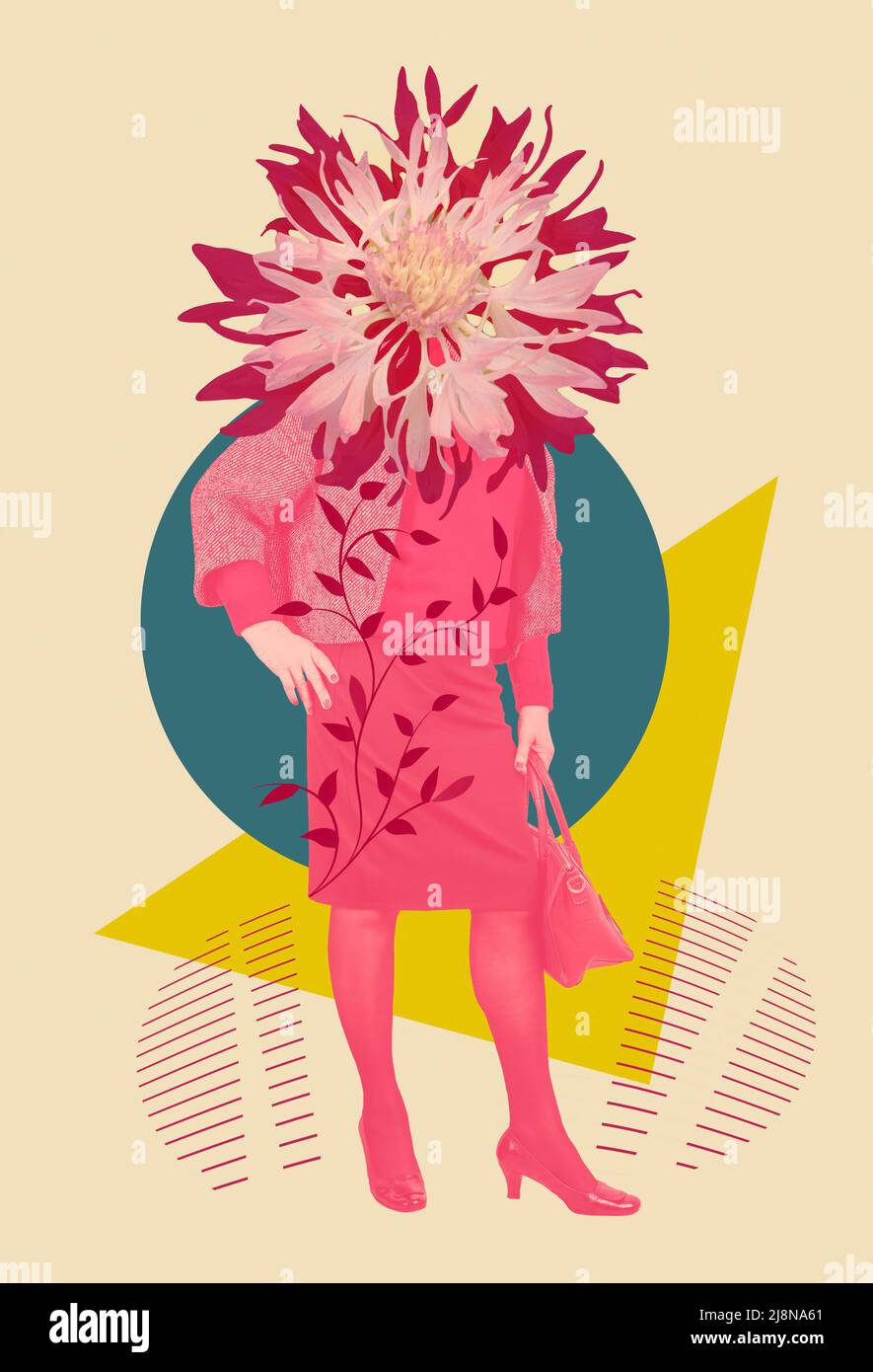 Abstract contemporary art designe with buisness woman with flower head standing on color background. Stock Photo