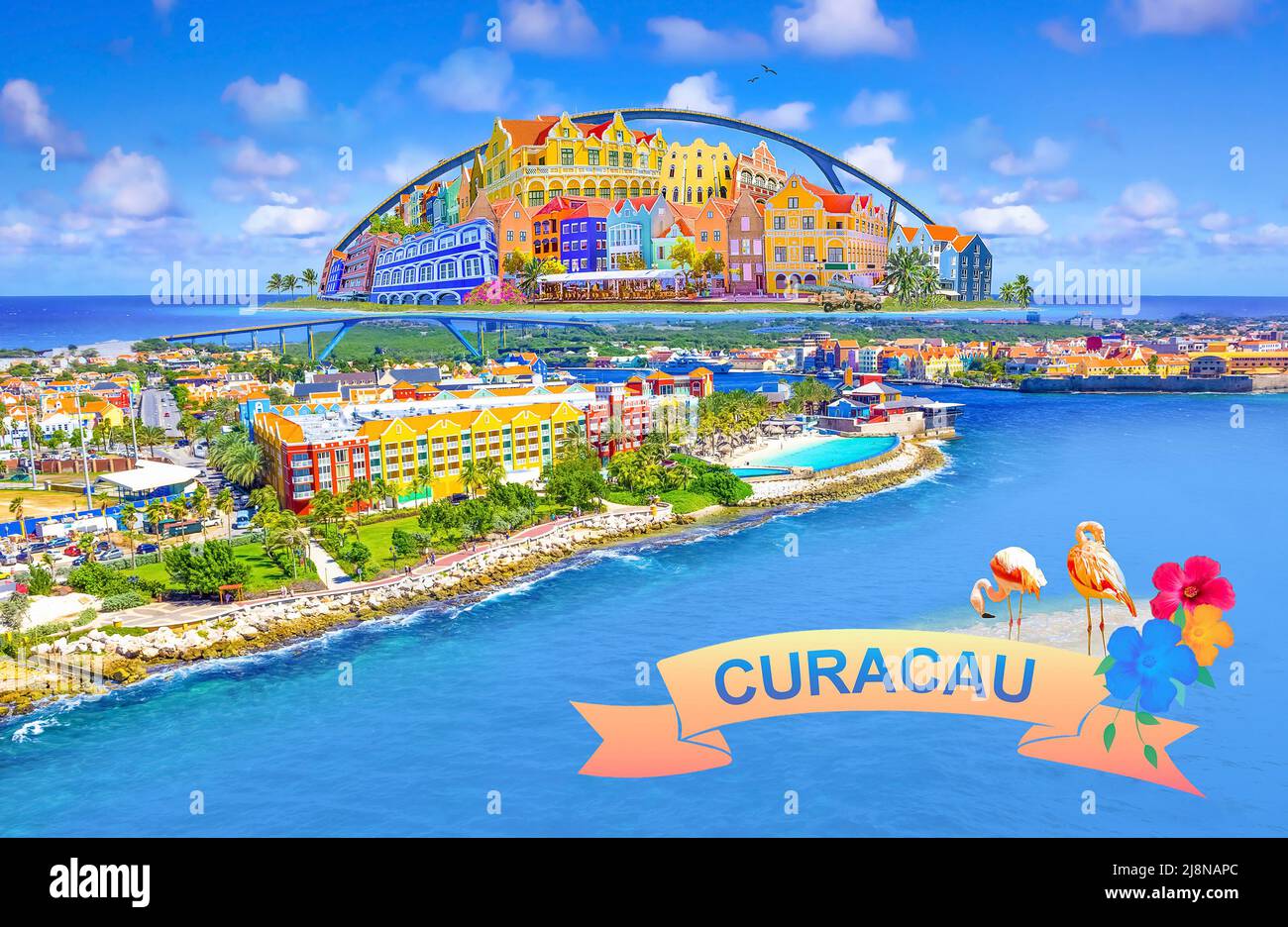 Collage with aerial panorama of Willemstad town in Curacao - The island Curacao is a tropical paradise in the Antilles in the Caribbean sea with beautiful architecture, beaches. Stock Photo