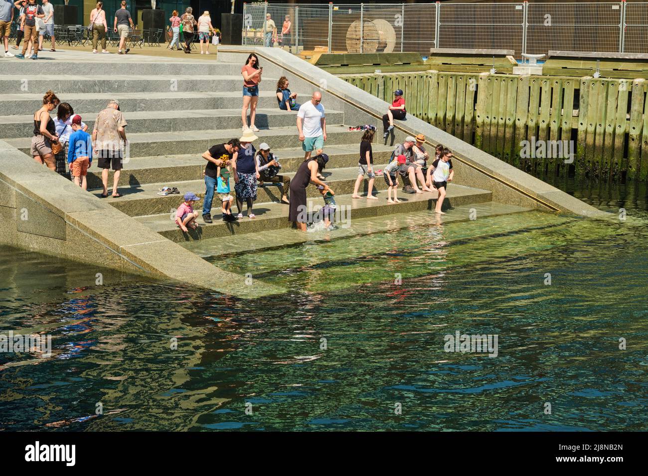People enjoy the new steps to the ocean in the Halifax Harbour on hot summer day 2022. Stock Photo