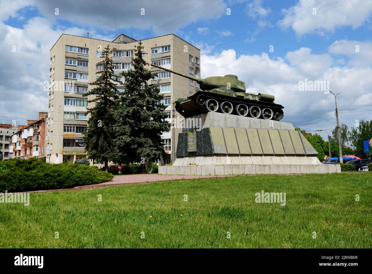 BILA TSERKVA, UKRAINE - MAY 15: The view on Soviet T-34 tank war memorial dedicated to release of Bila Tserkva town from German invadors in Second Wor Stock Photo