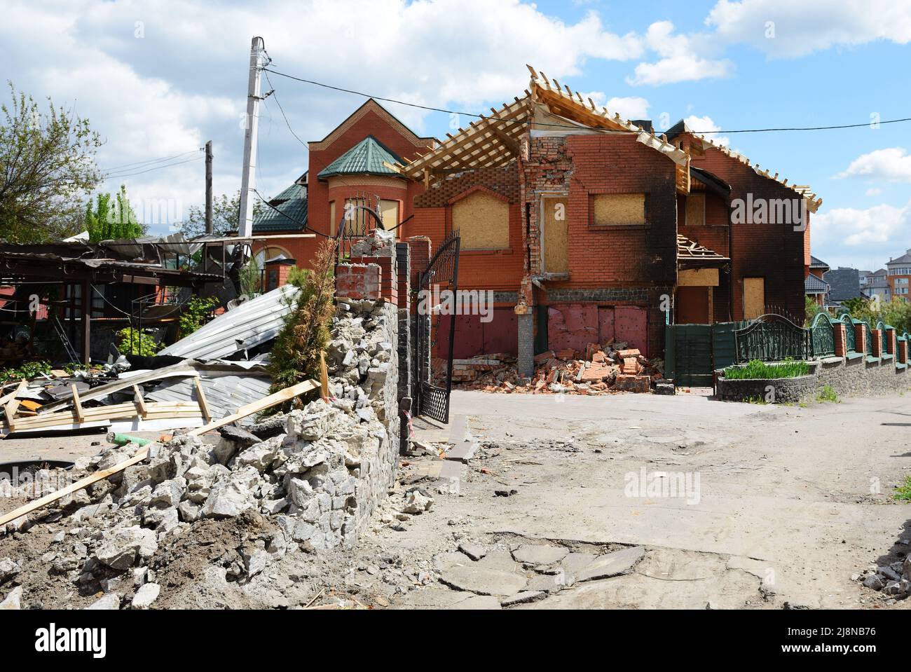 BILA TSERKVA, UKRAINE - MAY 15: The view on ruins and remains of houses after air strike from Russian bomber aircraft during Russian invade in Ukraine Stock Photo
