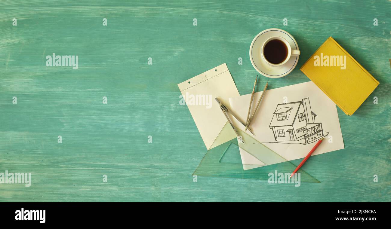 Scribble,drawing of a one-family dwelling, architecture,construction,building concept,Flat lay, free copy space Stock Photo