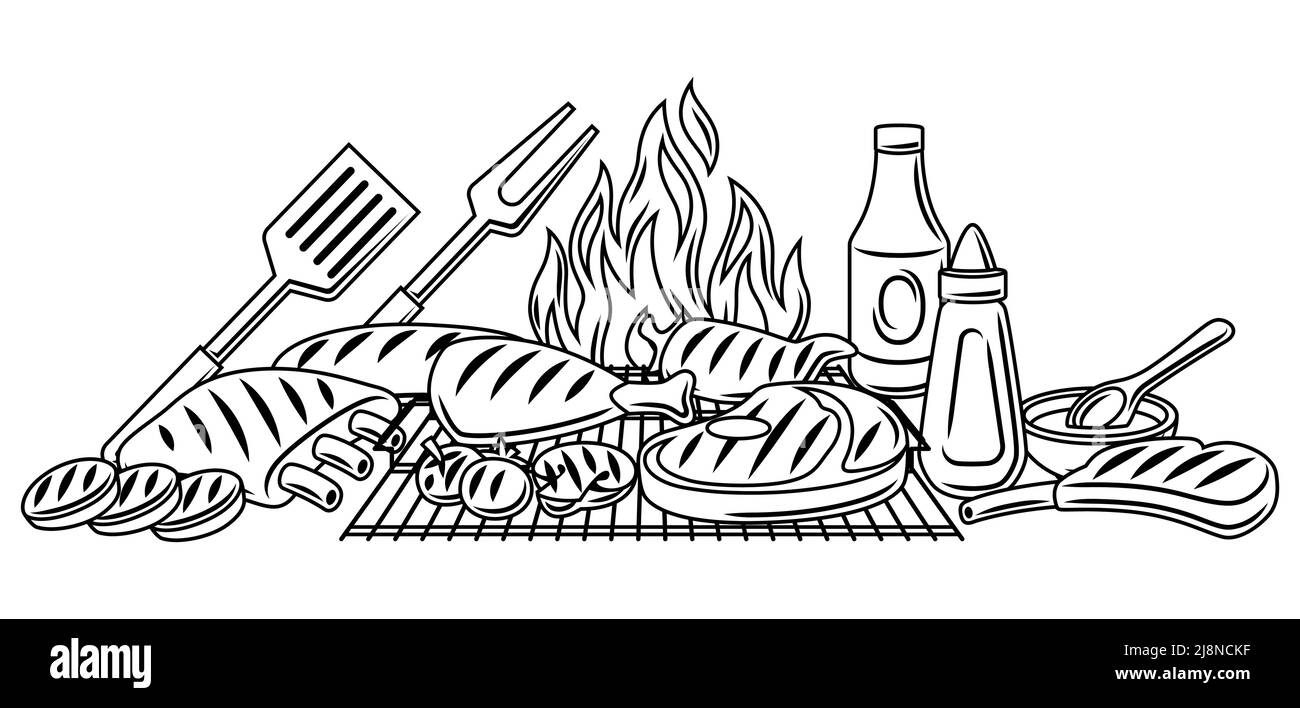 Bbq background with grill objects and icons. Stylized kitchen and ...