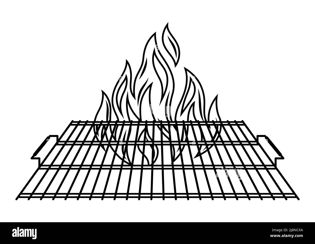 Illustration of steel grill grate with fire. Stylized bbq kitchen and restaurant utensil. Stock Vector