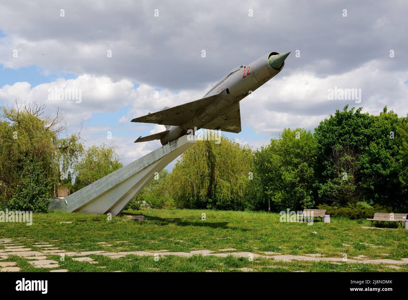 BILA TSERKVA, UKRAINE - MAY 15: The view on MIG-21 supersonic jet fighter and interceptor aircraft memorial dedicated to Soviet pilots who release of Stock Photo