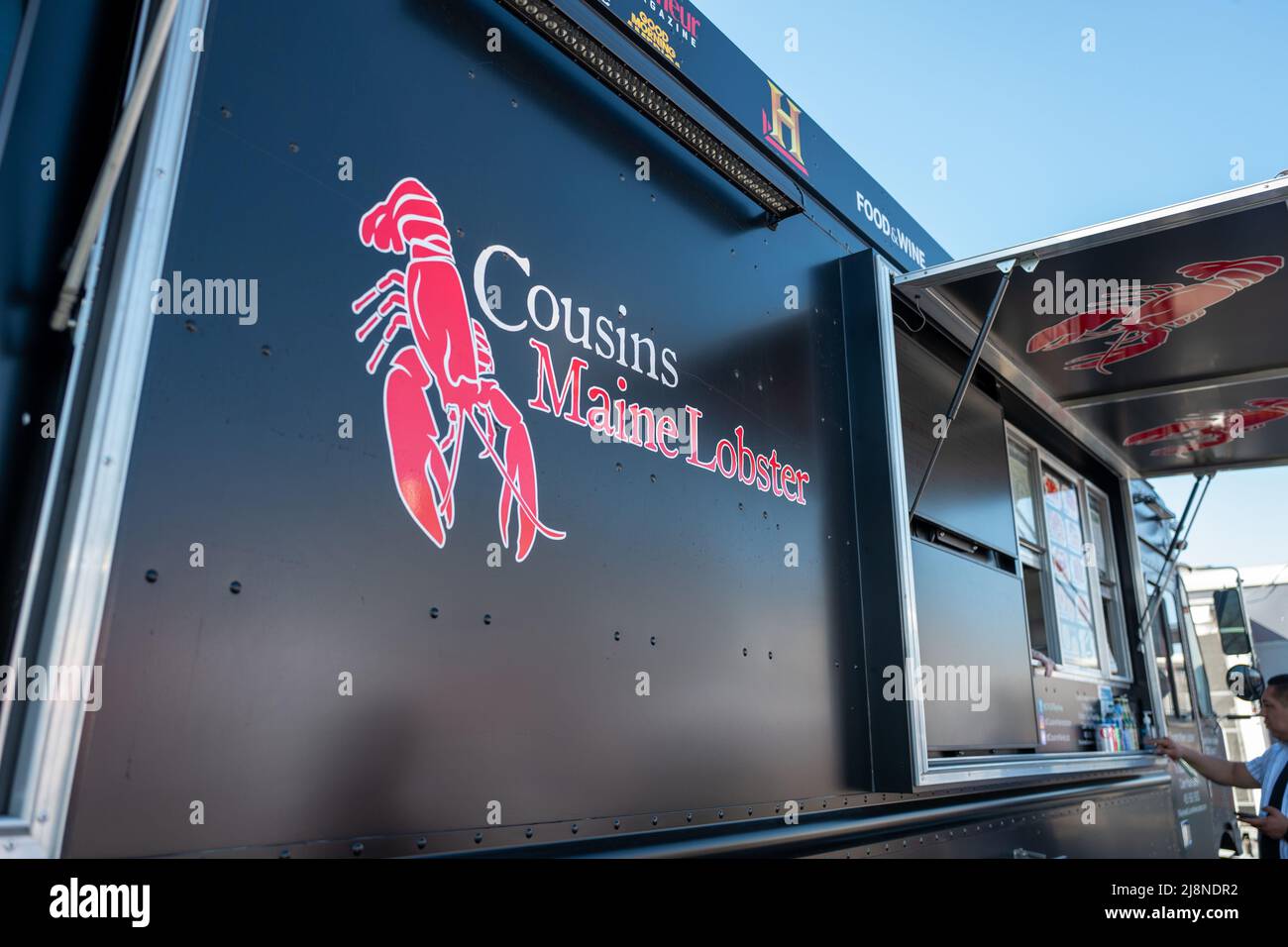 Side view of Cousins Maine Lobster food truck in San Ramon, California