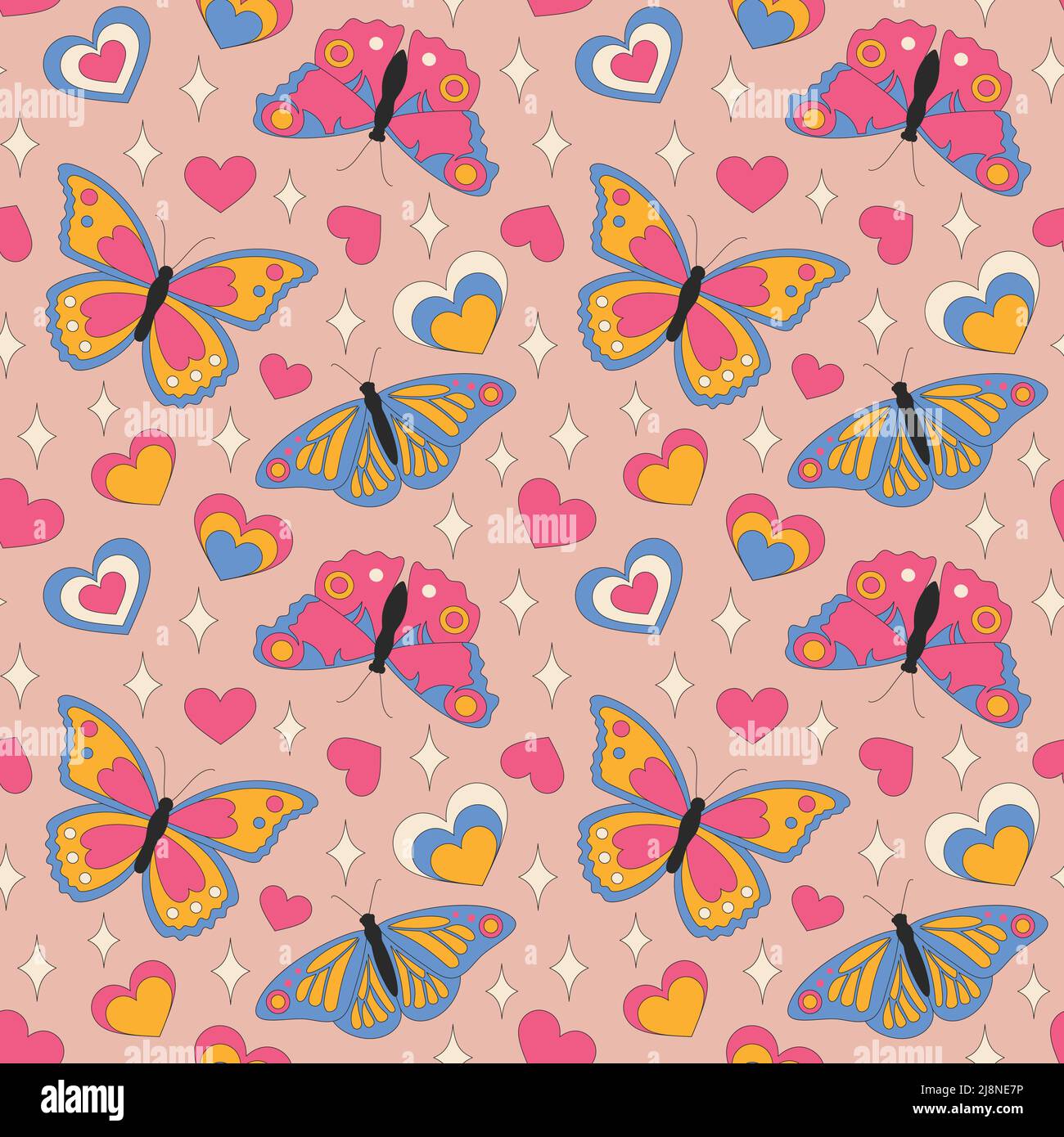 Seamless pattern with retro butterflies with hearts. Stock Vector
