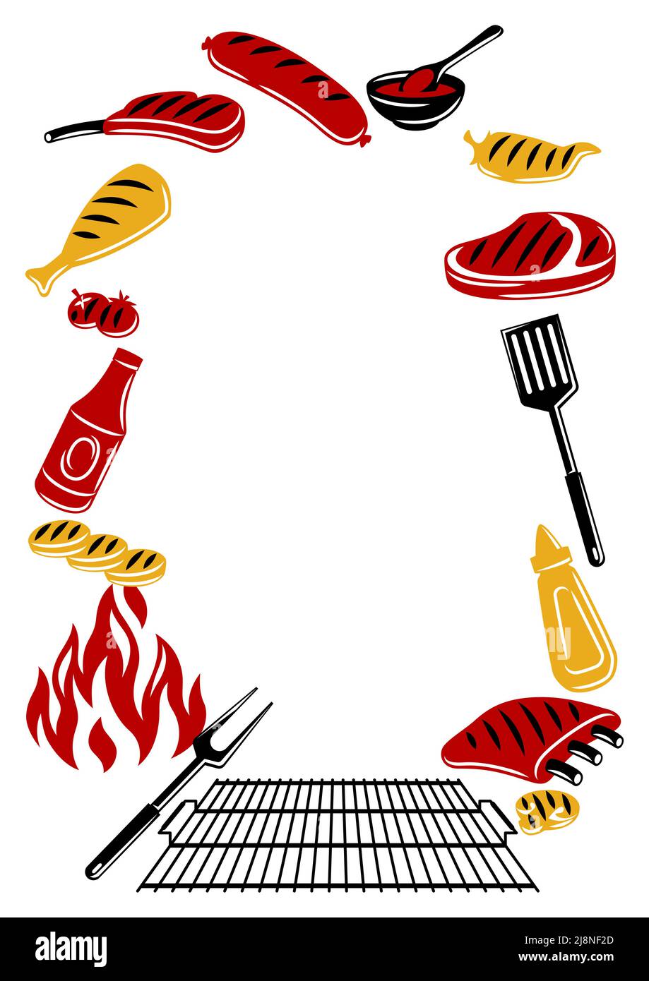 Bbq frame with grill objects and icons. Stylized kitchen and restaurant ...