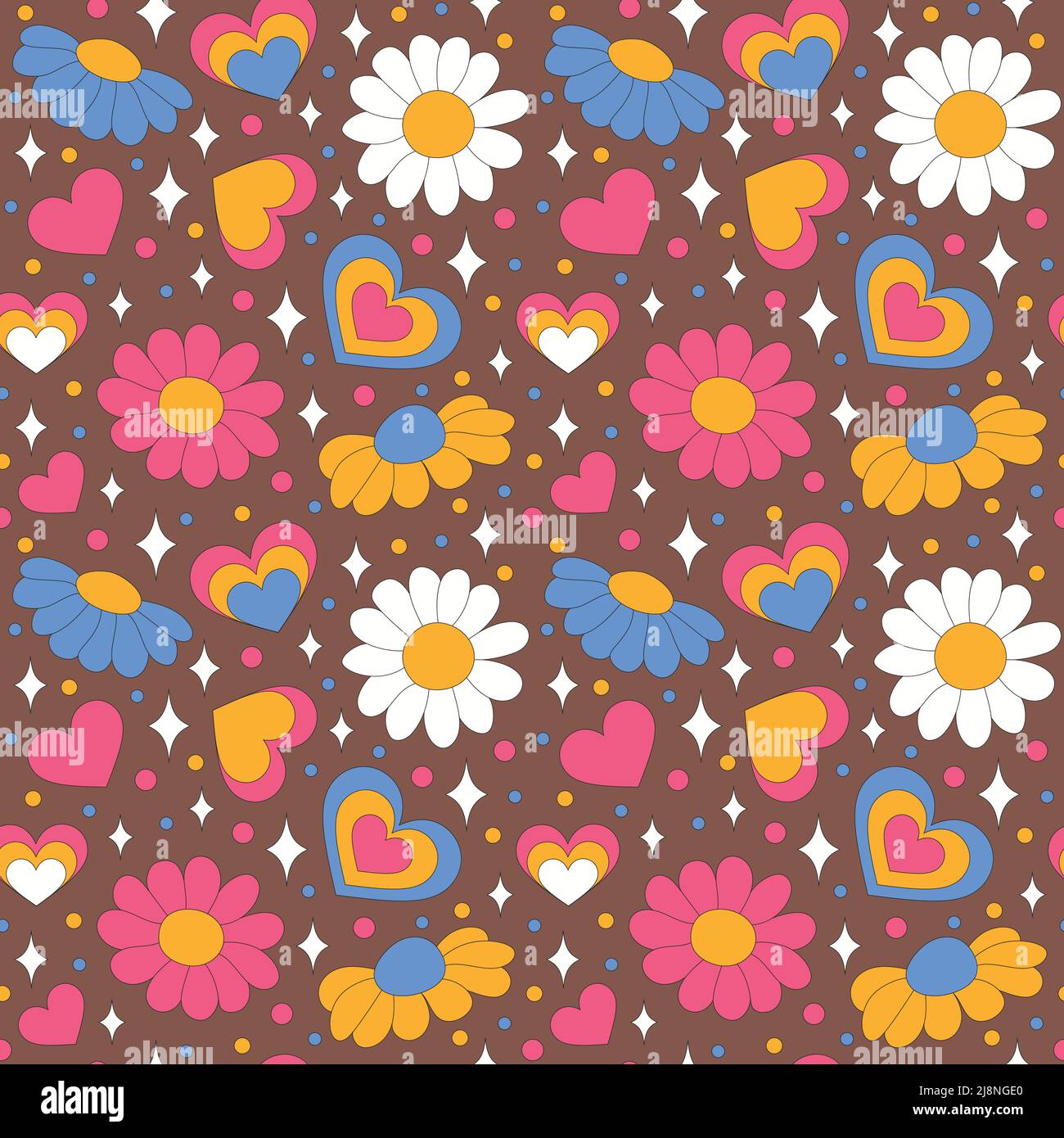 Seamless pattern with retro daisies with hearts. Stock Vector