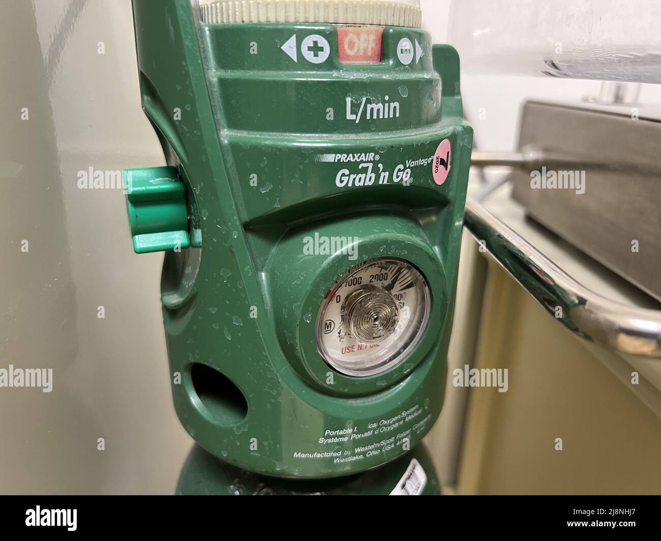 USA. 15th Mar, 2022. Oxygen cylinder from Praxair with regulator in a hospital emergency room in