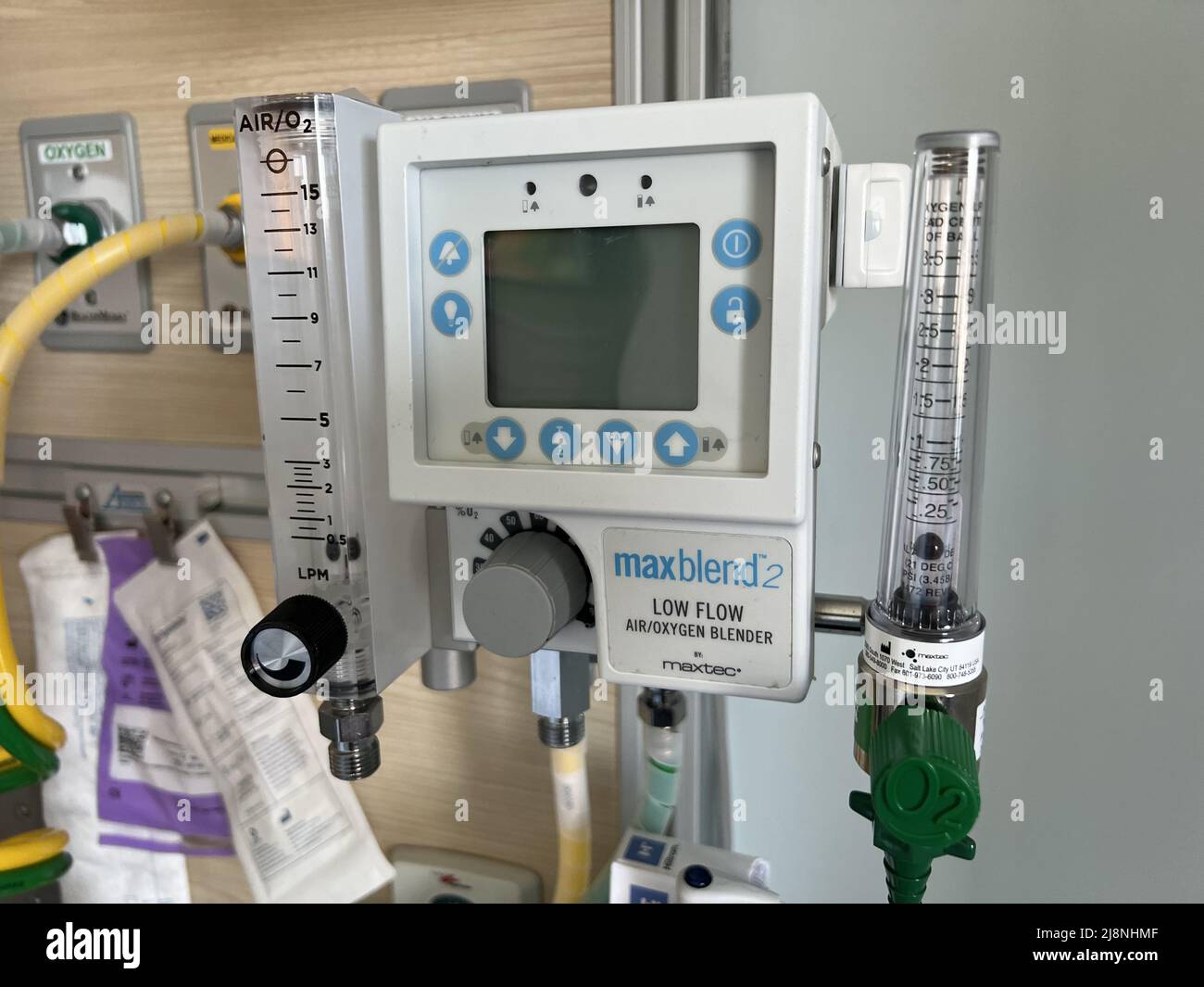 Closeup of Maxtec blend medical air and oxygen blender, San Francisco