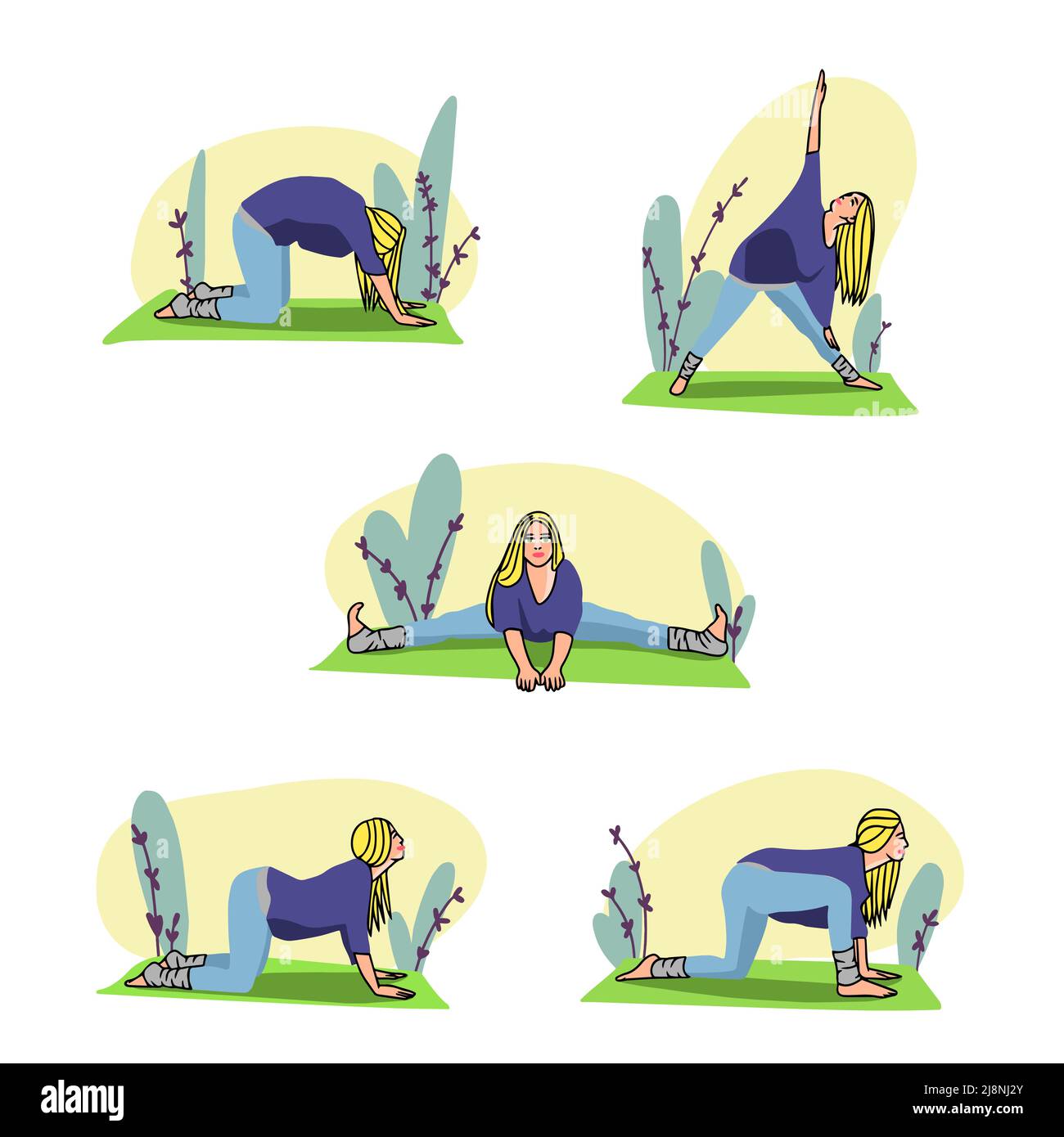 Pregnant woman doing yoga, 5 exercises for health Stock Vector