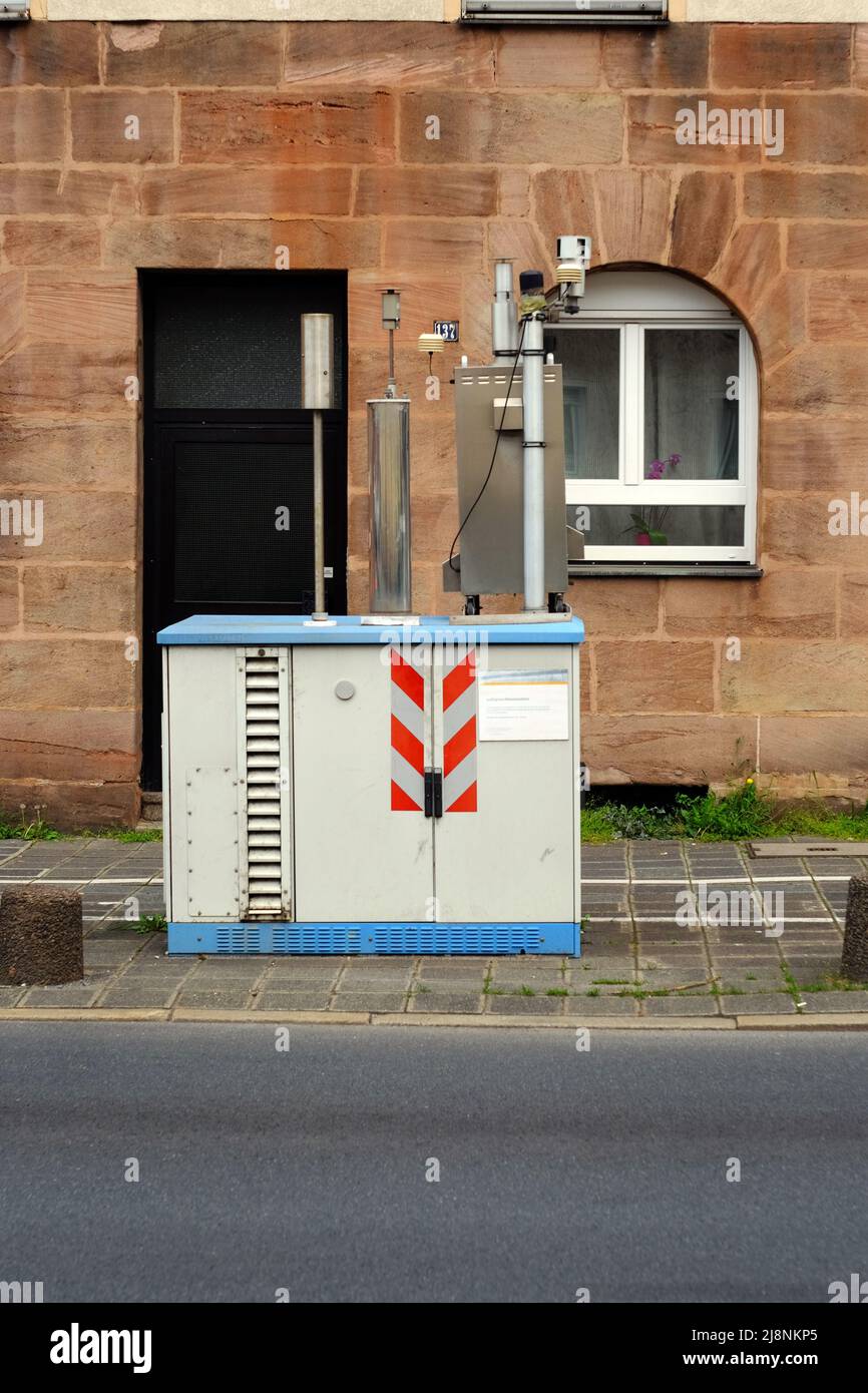 Nuremberg, Bavaria, Germany - May 15, 2022: Air quality measuring station for mo-nitoring pollution levels on roads Stock Photo