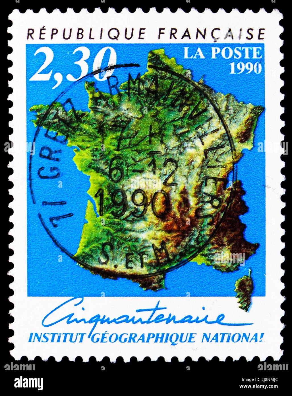 MOSCOW, RUSSIA - MAY 14, 2022: Postage stamp printed in France shows Fiftieth anniversary of the National Geographic Institute, circa 1990 Stock Photo