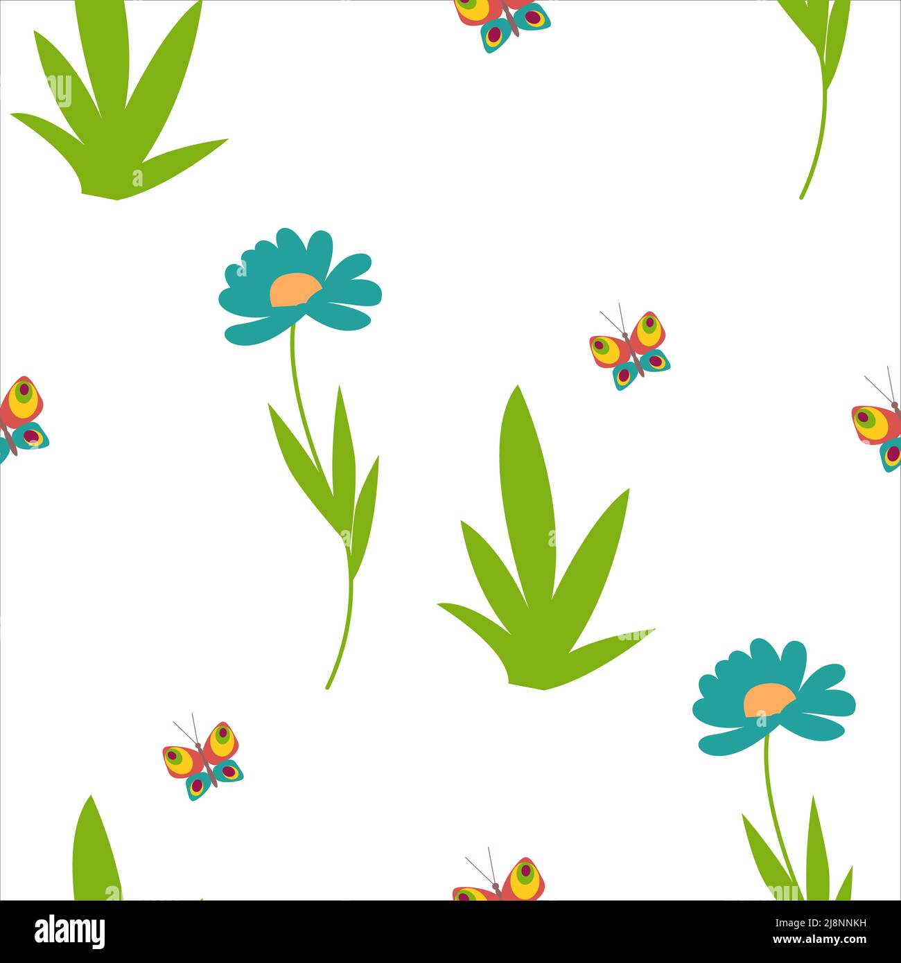 Flowers and butterflies, daisies spring nature seamless pattern. Gerberas. Vector illustration Stock Vector