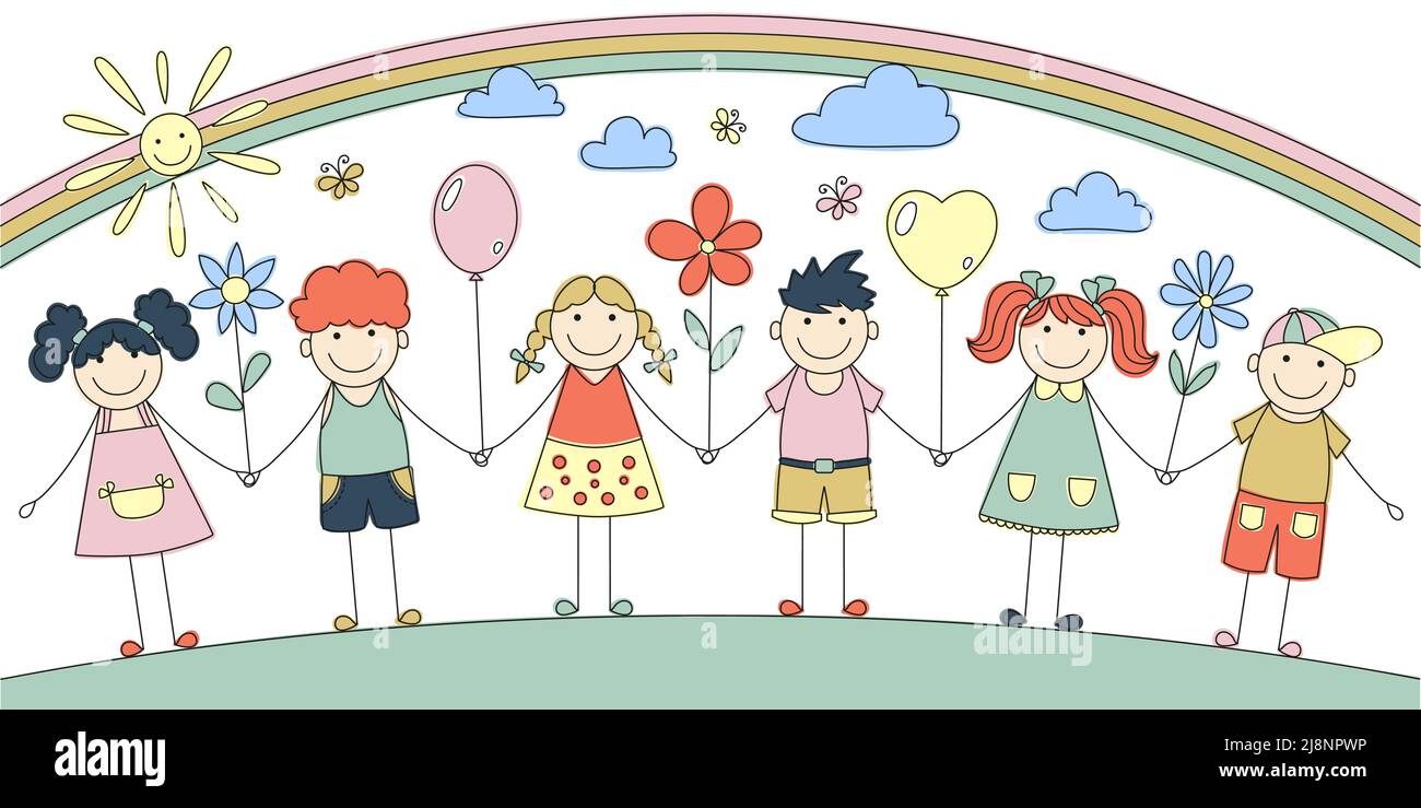 Cheerful children holding hands with flowers and balloons on a rainbow background. Vector Stock Vector