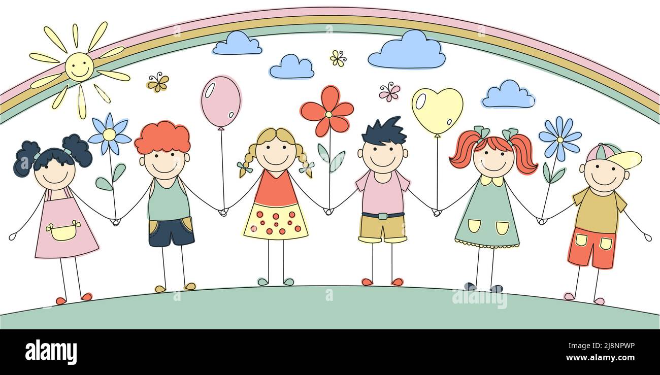 Cheerful children holding hands with flowers and balloons on a rainbow ...