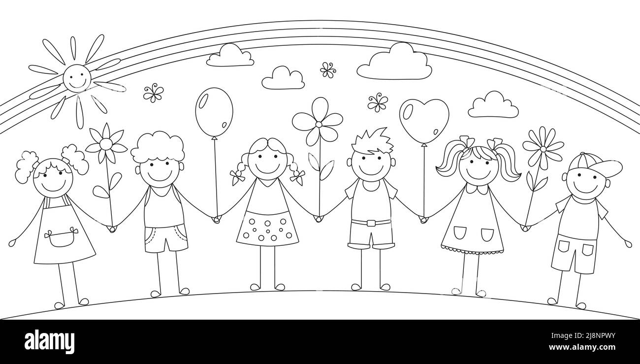 Cheerful children holding hands. Black and white linear contour drawing ...