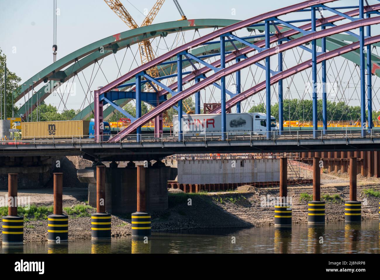 New construction of the Karl Lehr Bridge in the port of Duisburg-Ruhrort, over the Ruhr and the port canal, important connection of the port to the A4 Stock Photo