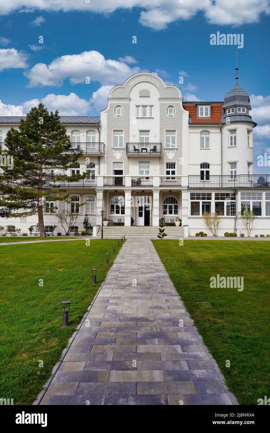 Historic spa architecture in seaside resort Kühlungsborn on the Baltic Sea in Germany. Hotel Hansa-Haus, boutique hotel at the beach. Stock Photo