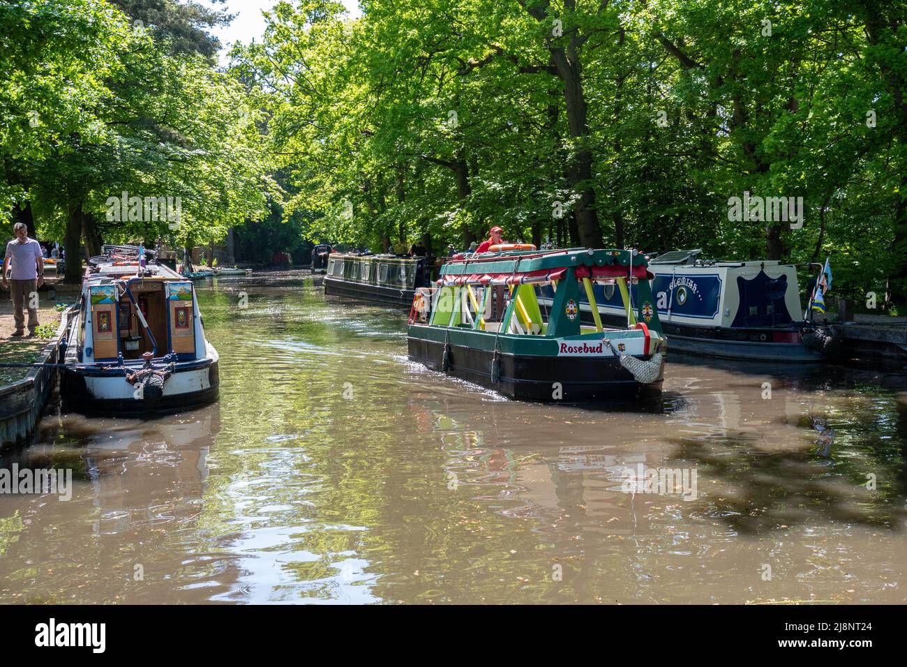 Canal boats on the Basingstoke Canal near Mytchett, part of the Surrey Heath Show, run by the Basingstoke Canal Society, May 2022 Stock Photo