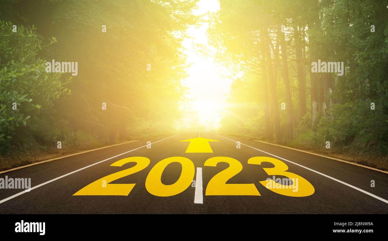 The Word 2023 Written On Forest Road Concept For New Year 2023 The Route To The New Year Indicated By The Arrow 2J8NW9A 