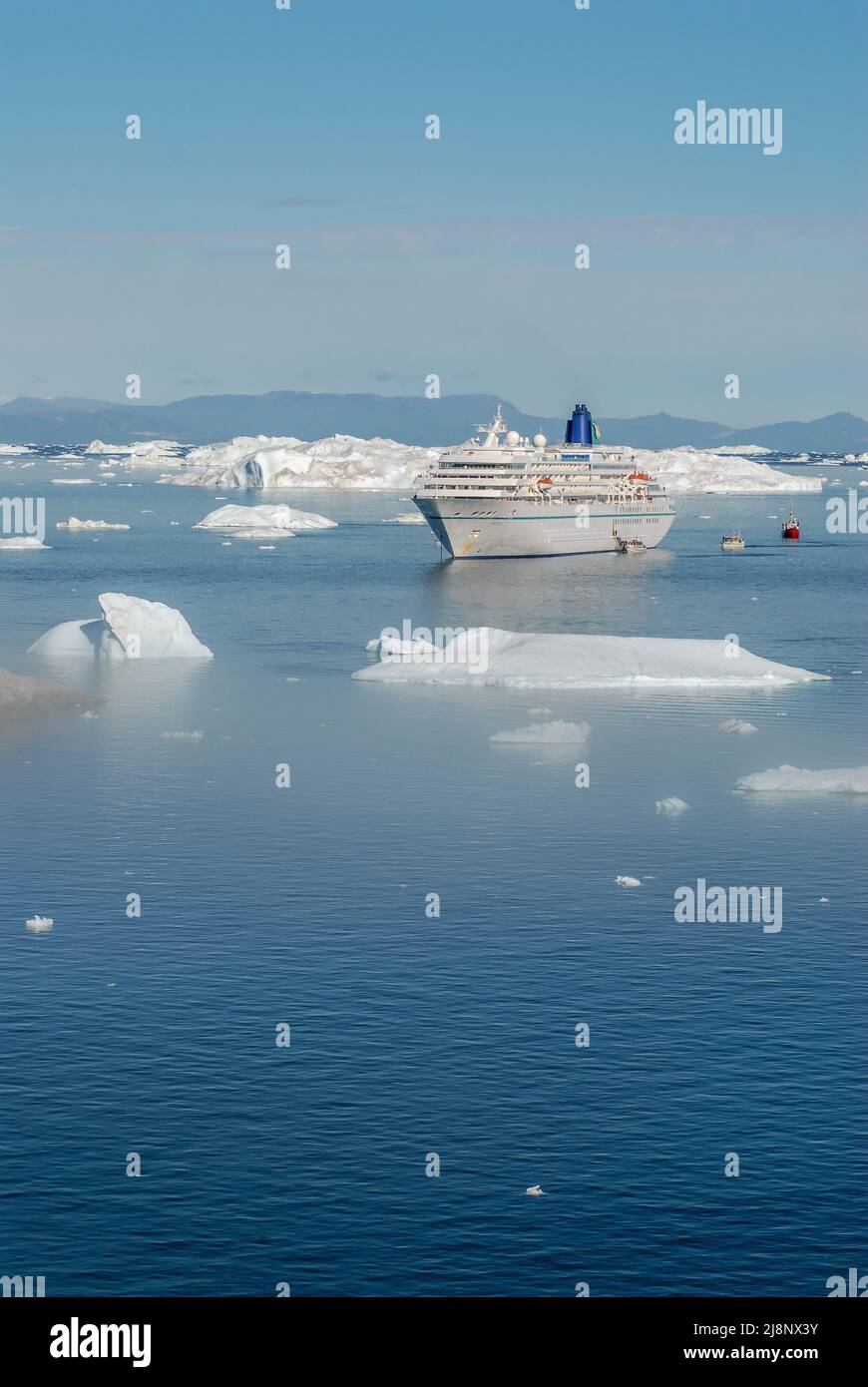 Cruise ship MS Amadea anchored at the Disko Bay in Greenland, Denmark Stock Photo