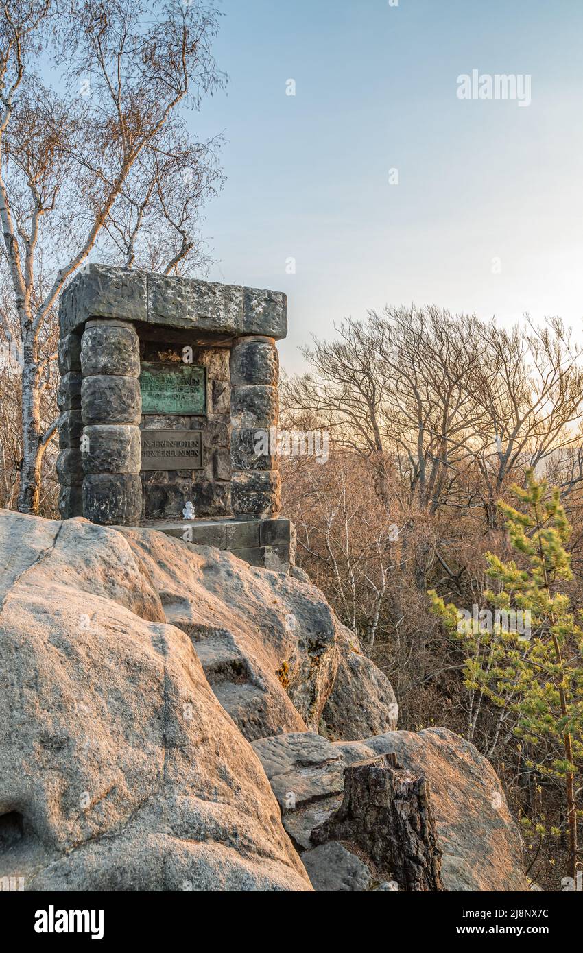 Mountaineers' memorial commemorating mountaineers who fell in the First World War in Saxon Switzerland on the 'Hohe Liebe', Saxon Switzerland, Germany Stock Photo