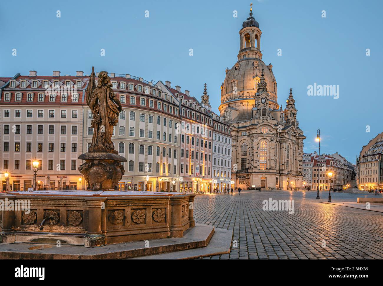Peace Fountain or Fountain of the Turks at the Neumarkt of Dresden in the evening, Saxony, Germany Stock Photo