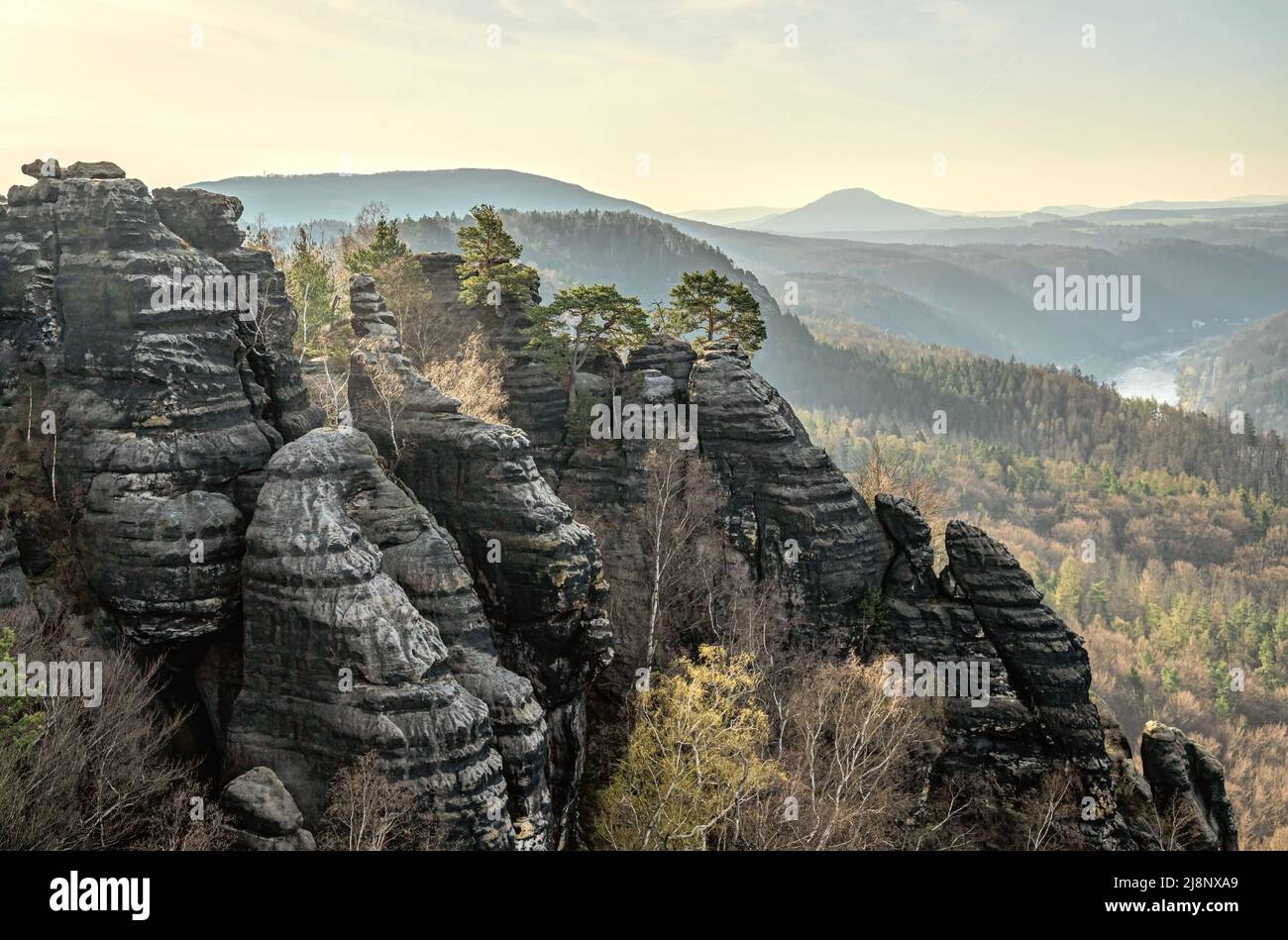 View from the Schrammsteinaussicht at the Saxon Switzerland National Park, Saxony, Germany Stock Photo