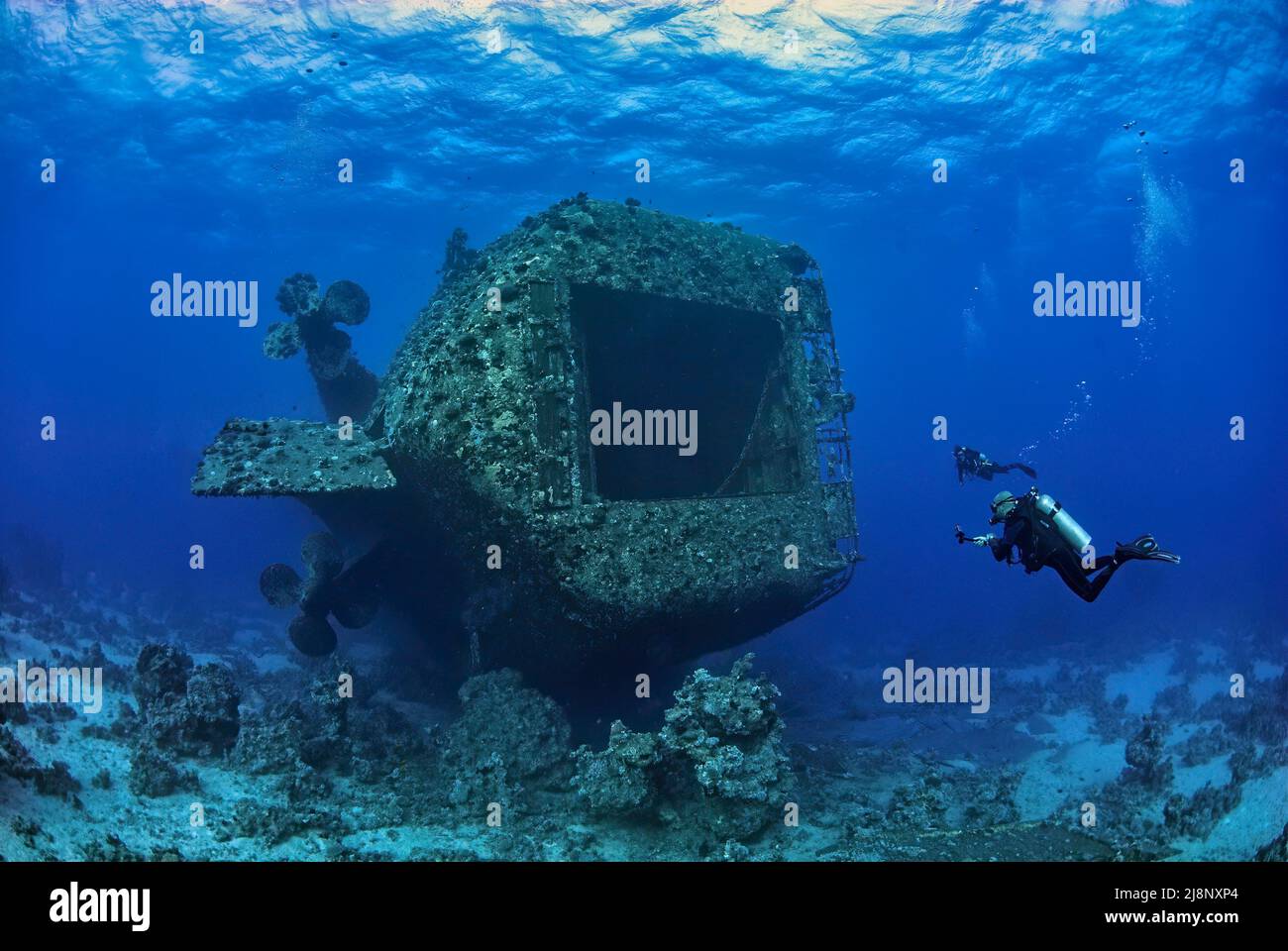 Two divers eploring the outside of the famous wreck in Safaga Salem Express Stock Photo