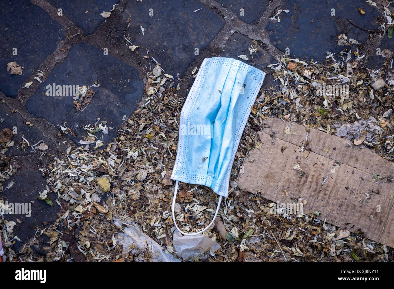 New post-pandemic garbage. Face masks thrown in the streets after the end of the restrictions. New pathogenic residues. Stock Photo