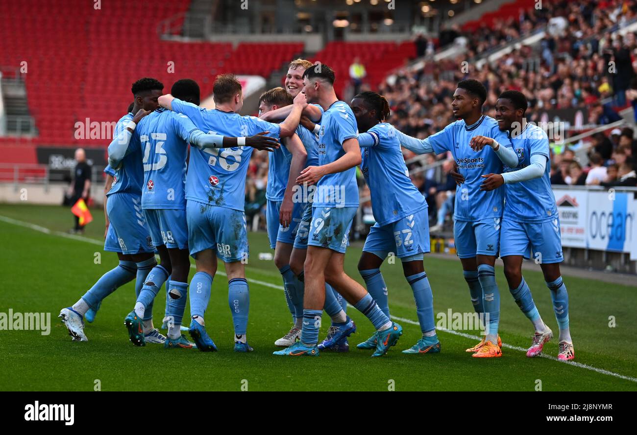 Coventry City's George Burroughs celebrates scoring their side's third ...