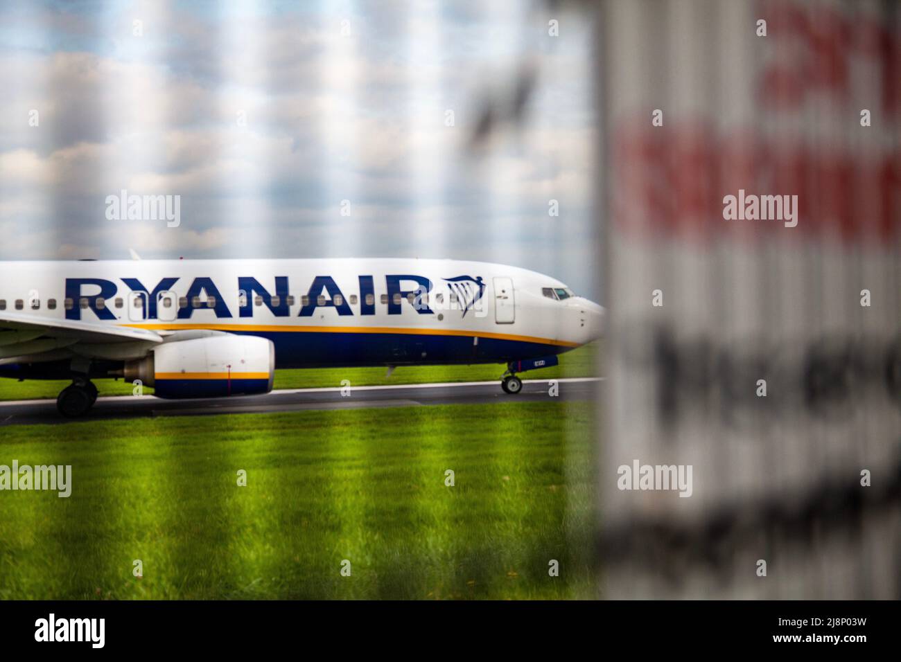 Ryanair aeroplane on runway going to take off at Manchester Airport Stock Photo