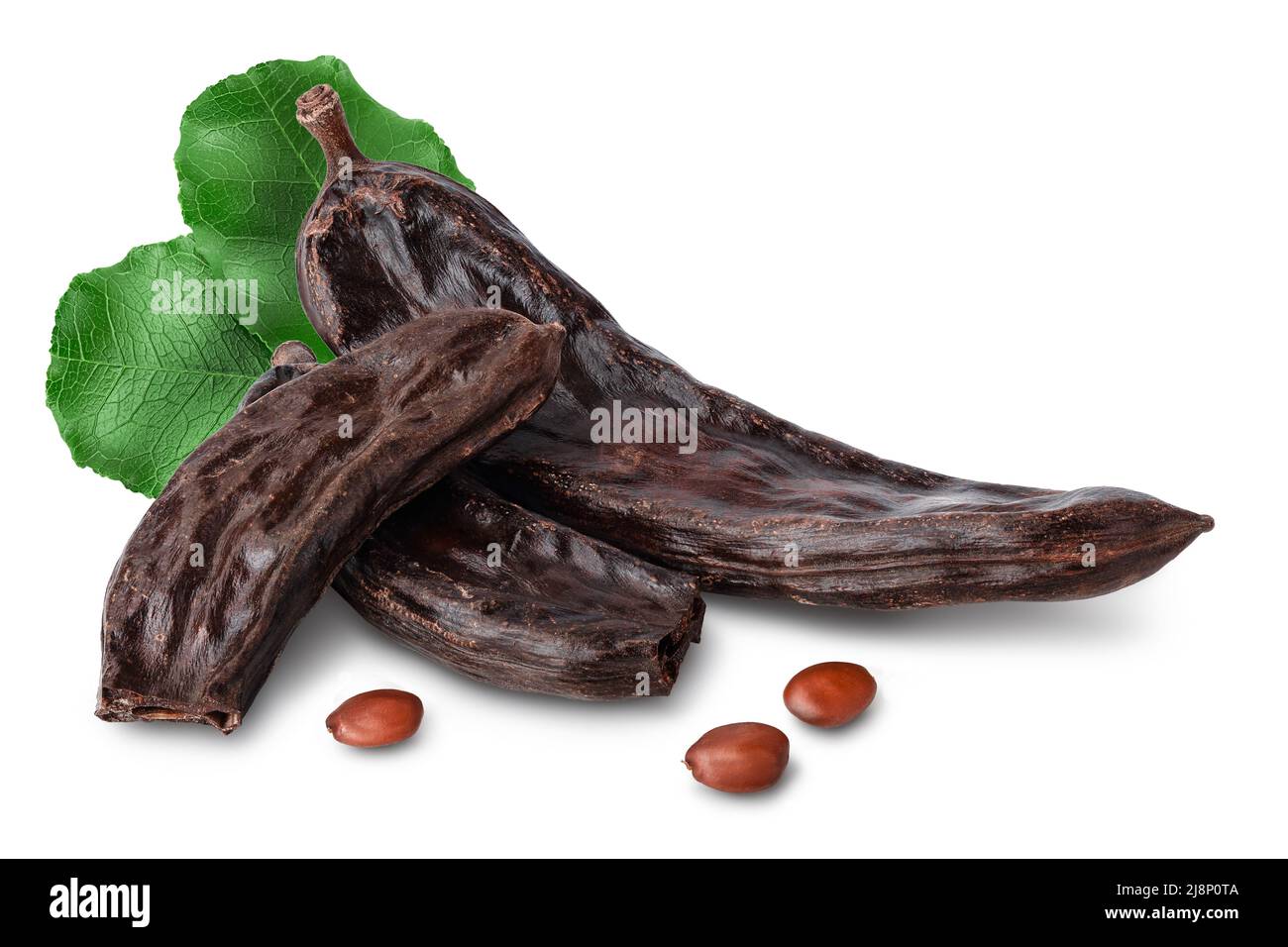 Ripe carob pods and bean isolated on white background with clipping