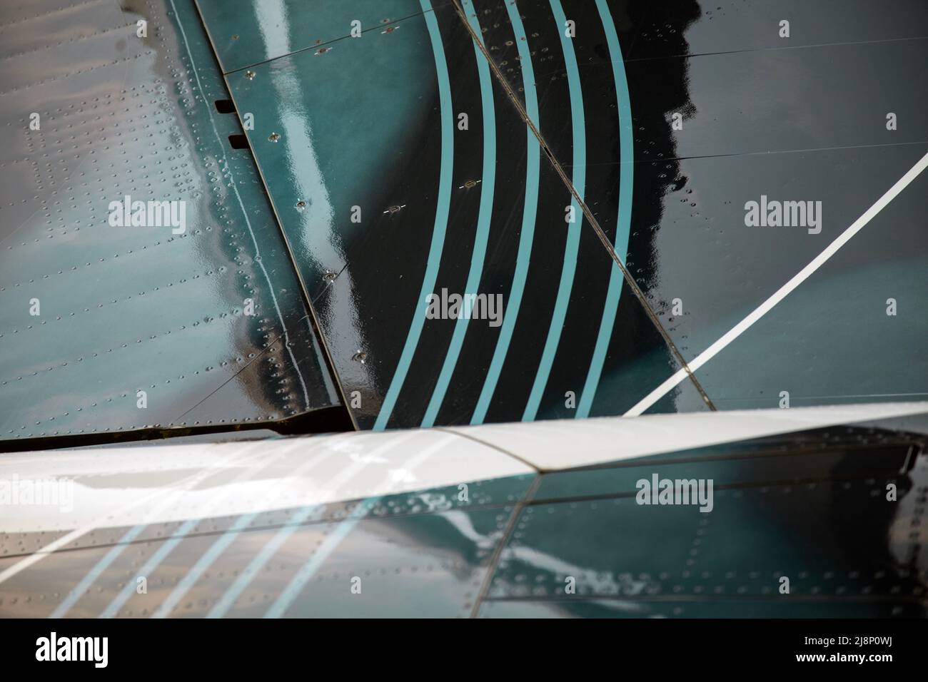 close up of a display aeroplane paint work and rivits at Manchester Airport's viewing platform, UK Stock Photo