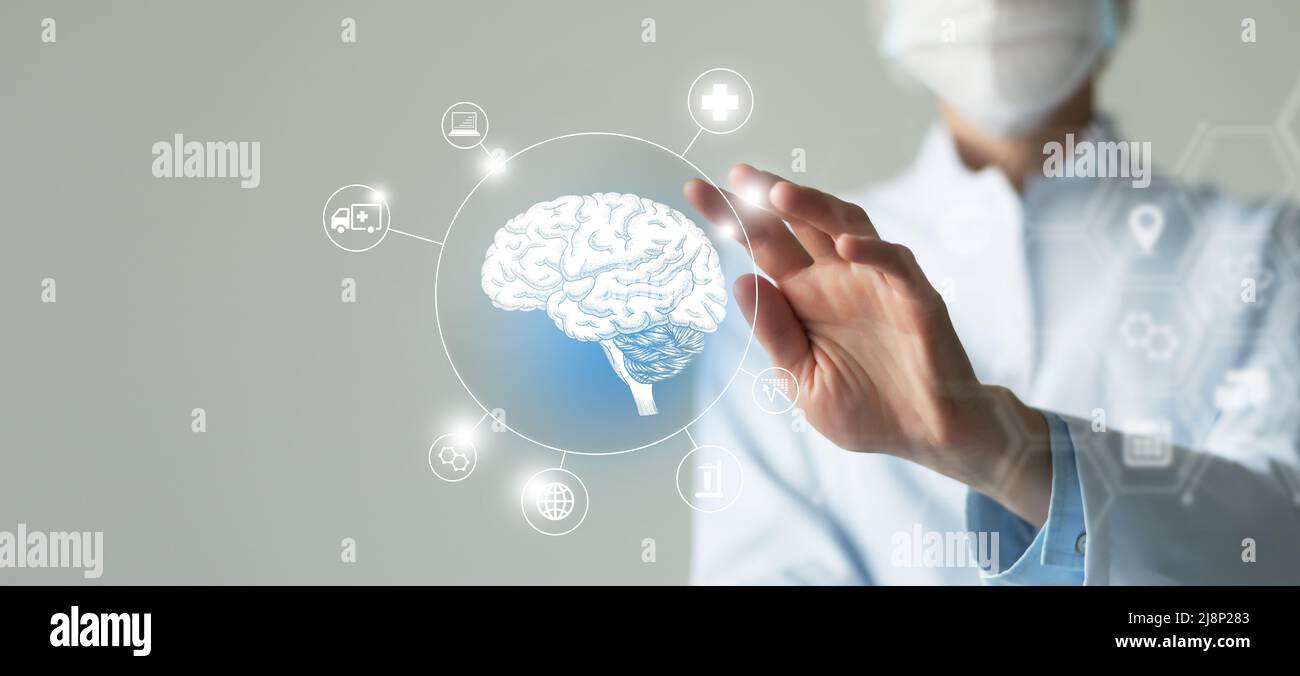 Telemedicine and human Brain recovery concept. Neutral color palette, copy space for text. Stock Photo