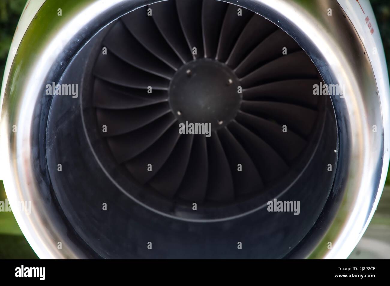a close up photo of a jet turbine engine at manchester Airport, UK Stock Photo