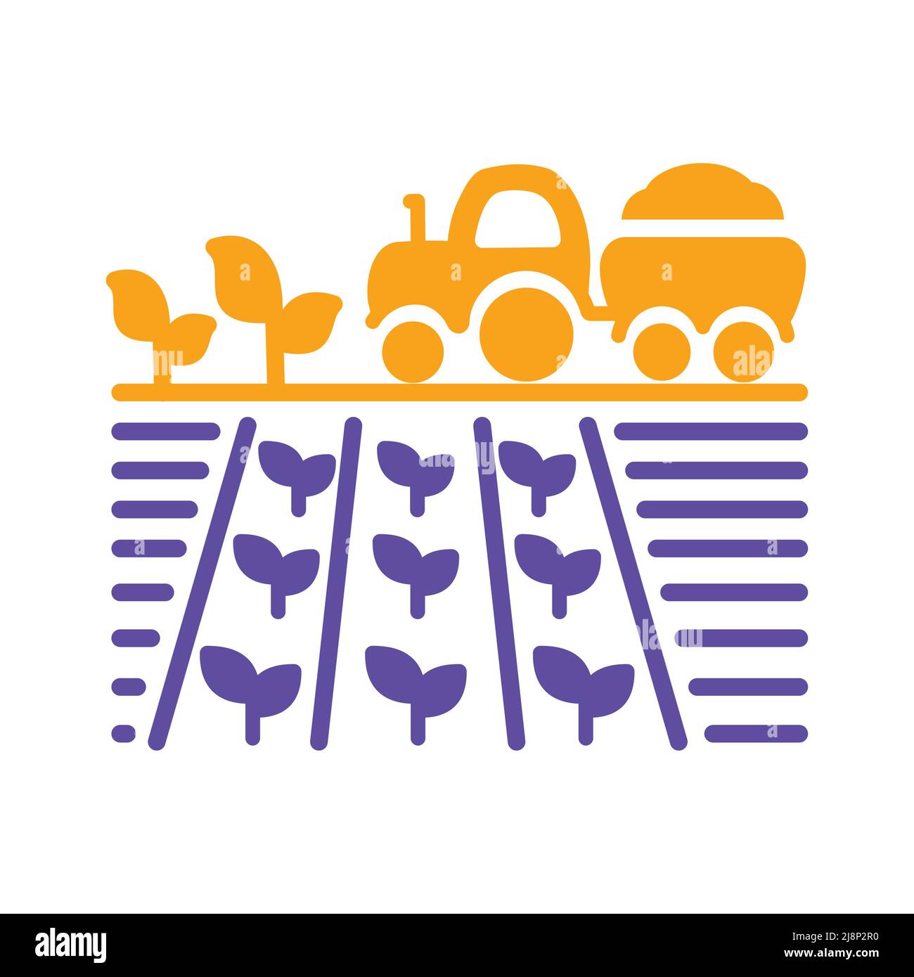 Tractor on field harvest seedling flat glyph icon. Agriculture sign ...