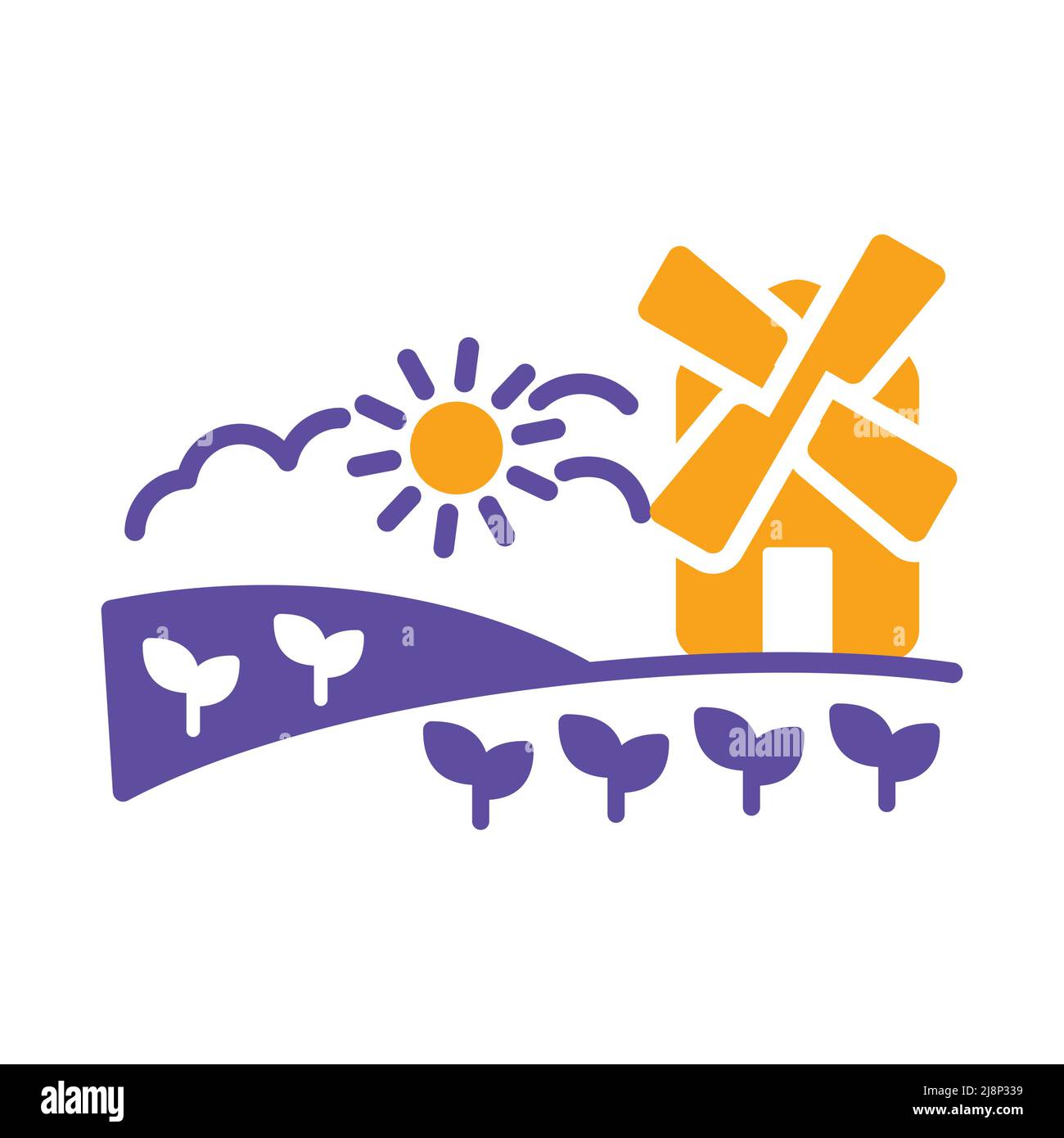 Rural landscape with windmill glyph icon. Agriculture sign. Graph ...
