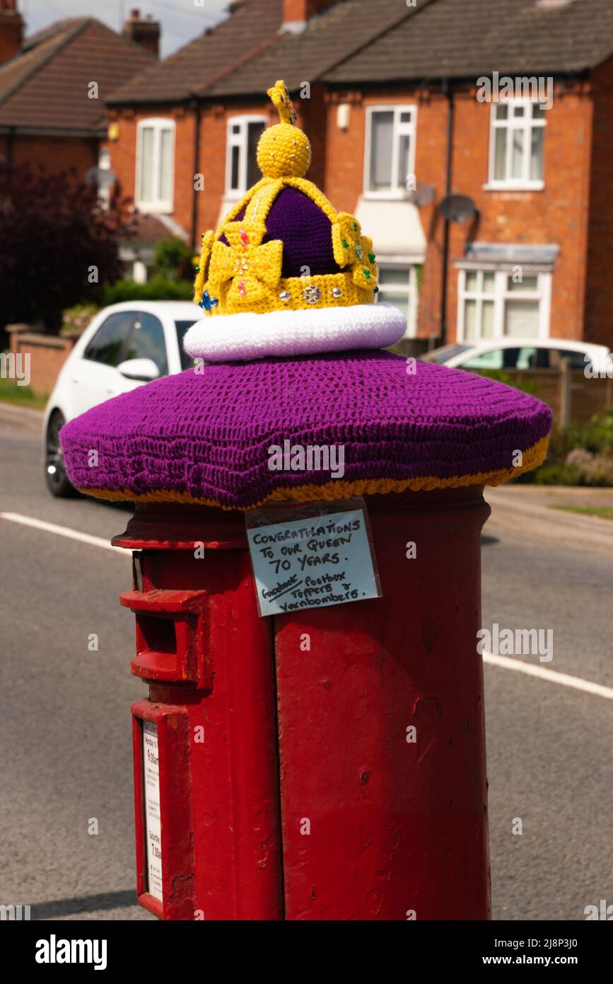 Red, postbox, post box, crocheted, Royal Mail, woolly hats, hand